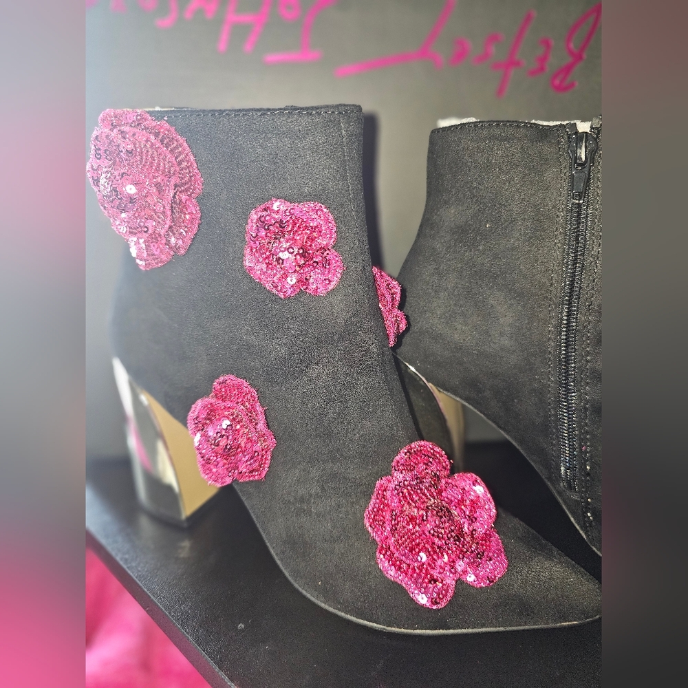 Betsey Johnson Black Boots with Pink Floral Embellishments